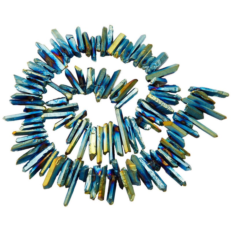 SUNYIK Blue/Gold Titanium Coated Crystal Points Quartz Rough Sticks Spikes Point Beads 15 inch Strand Drilled - Image 2